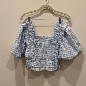 English Factory Light Blue Gingham Smocked Ruffle Crop Top